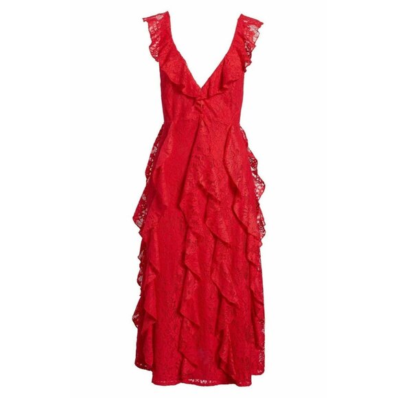 AFRM Women’s Ingrid Red Lace Ruffle Midi Dress Plunge V-Neck Size XS - Picture 13 of 16